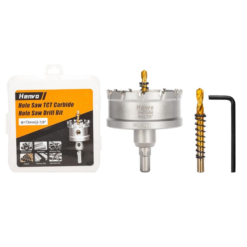 Henvo Hole Saw 2-7/8" (73mm) Heavy Duty Carbide with 2 Pilot Drill Bits - Metal Hole Cutter Cuts Stainless Steel, Iron, Copper, Brass, Plastic - Image 1